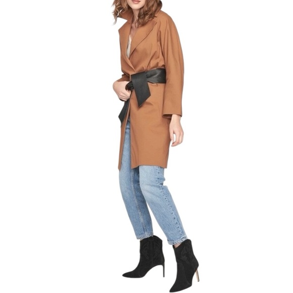 BA&SH Drape Coat Trench Black Leather Belt Camel Size 4 S 0 Luxury Wrap Casual - Picture 15 of 15